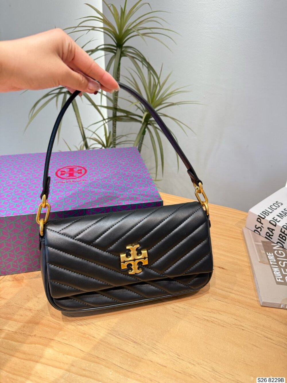 Tory Burch Black and Gold Logo Baguette Purse